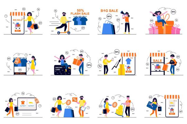 Discount store concept with tiny people scenes set in flat design. Bundle of men and women with shopping bags makes purchases, bis sales, online ordering and payment. illustration for web