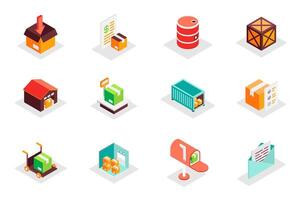 Logistic concept 3d isometric icons set. Pack isometry elements of delivery, parcel, box, barrel, warehouse, container, shipping, loading, storage and other. illustration for modern web design vector