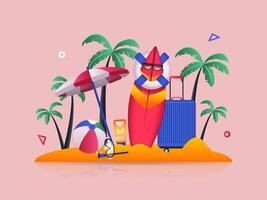 Travel vacation concept 3D illustration. Icon composition with tropical island beach with palm trees, tourist suitcase, surfboard, umbrella, ball and others. illustration for modern web design vector