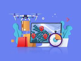 Delivery concept 3D illustration. Icon composition with computer with map for online tracking, flying drone carries parcels, fast shipping, courier delivery. illustration for modern web design vector