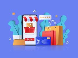 Online shopping concept 3D illustration. Icon composition with mobile application for making purchases on smartphone, credit card for payment, shopping bags. illustration for modern web design vector