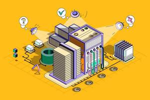 Server maintenance concept 3d isometric outline web design. Technical support, computer hardware, computing and cloud storage equipment. web illustration with abstract line people composition vector