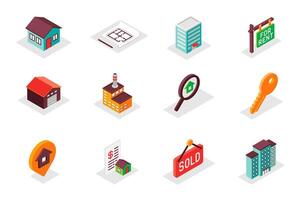 Real estate concept 3d isometric icons set. Pack isometry elements of house, architect blueprint, rent, garage, search, key, location, skyscraper and other. illustration for modern web design vector