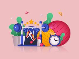 Fitness concept 3D illustration. Icon composition with sports equipment for gym trainings, barbell, balls, sneakers, stopwatch, sneakers and water bottle. illustration for modern web design vector