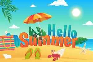 Hello summer background in flat cartoon design. Wallpaper with sea beach, sunglasses, umbrella, bag with sunscreen, crab, slippers and palm leaves. illustration for poster or banner template vector