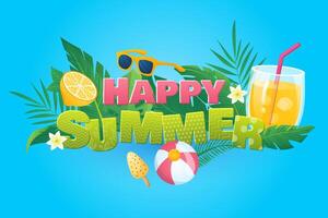 Happy summer background in flat cartoon design. Wallpaper with text and composition of lemonade, ice cream, sunglasses, flowers, tropical leaves. illustration for poster or banner template vector