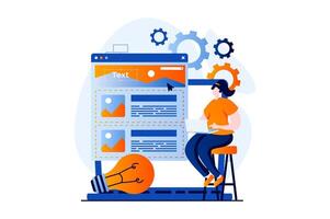 Ui ux design concept with people scene in flat cartoon design. Woman designer creates user interface, working with layout using laptop, generating new ideas. illustration visual story for web vector