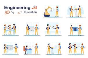 Engineering concept scenes seo with tiny people in flat design. Men and women in helmets working as architect and surveyor, drawing blueprints. illustration visual stories collection for web vector