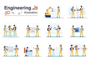 Ingenieria concepto escenas seo con minúsculo personas en plano diseño. hombres y mujer en cascos trabajando como arquitecto y topógrafo, dibujo planos ilustración visual cuentos colección para web vector