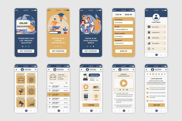 Education concept screens set for mobile app template. People learning online, remote study, skills training platform. UI, UX, GUI user interface kit for smartphone application layouts. design