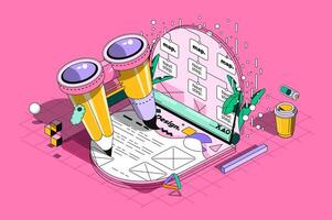UX design concept 3d isometric outline web design. Development of usability interface, coding, programming and prototyping, create layout. web illustration with abstract line people composition vector