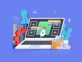 Web development concept 3D illustration. Icon composition with creation, development and optimization of website layout on screen and drawing of elements. illustration for modern web design vector