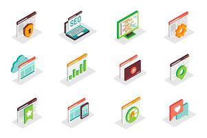 SEO optimization concept 3d isometric icons set. Pack isometry elements of security, keyword, settings, data, content, location, bookmark, speed and other. illustration for modern web design vector