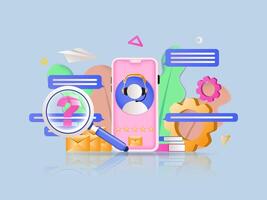 Customer support concept 3D illustration. Icon composition with smartphone with assistant in headset on screen, online consultation and problem solving. illustration for modern web design vector