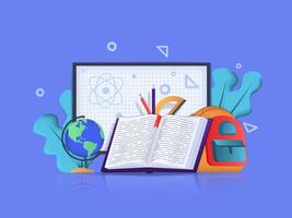 Back to school concept 3D illustration. Icon composition with blackboard with formulas, open textbook, globe, student backpack, pens and other stationery. illustration for modern web design vector