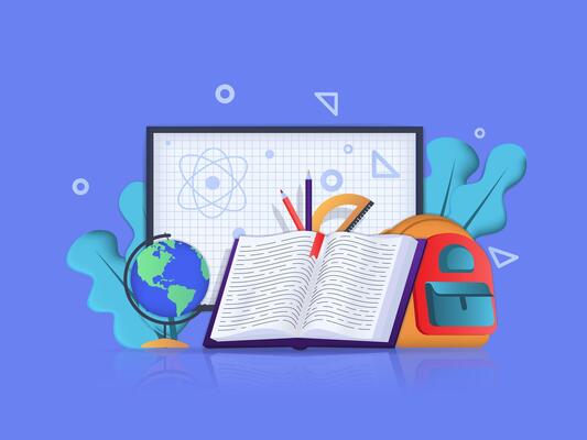 Back to school concept 3D illustration. Icon composition with blackboard with formulas, open textbook, globe, student backpack, pens and other stationery. illustration for modern web design