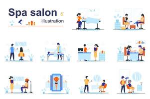 Spa salon concept scenes seo with tiny people in flat design. Men and women get beauty procedures, massages, body treatments, manicure, pedicure. illustration visual stories collection for web vector