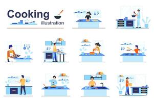 Cooking concept scenes seo with tiny people in flat design. Men and women prepare breakfasts, lunches or dinners in kitchens, bake homemade cakes. illustration visual stories collection for web vector