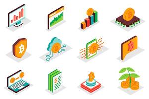 Cryptocurrency concept 3d isometric icons set. Pack isometry elements of bitcoin, blockchain, trends analysis, statistics, money exchange, mining and other. illustration for modern web design vector