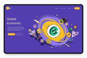 Global economic concept 3d isometric outline landing page. International business and world economy, global market trends and investment. web illustration with abstract line composition. vector