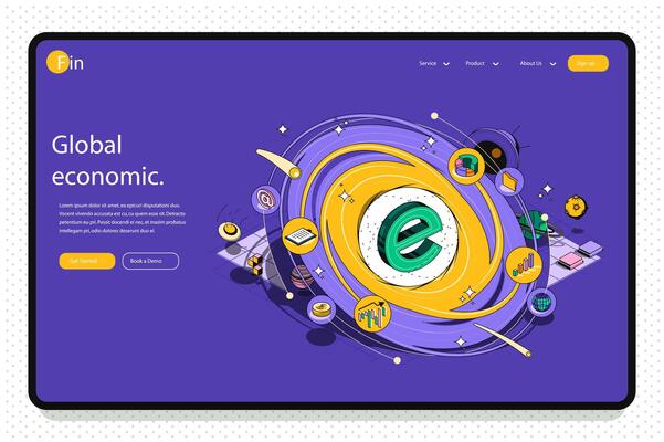 Global economic concept 3d isometric outline landing page. International business and world economy, global market trends and investment. web illustration with abstract line composition.