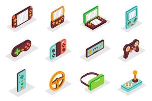 Games gadgets concept 3d isometric icons set. Pack isometry elements of console, joystick, play controller, tablet, gamepad, vr glasses, computer and other. illustration for modern web design vector