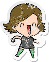 distressed sticker of a cartoon laughing woman pointing png