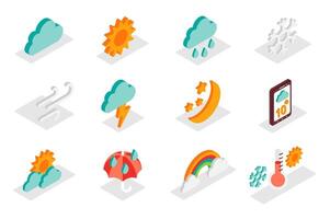 Weather forecast concept 3d isometric icons set. Pack isometry elements of cloud, sun, rain, snowflake, wind, lightning, moon, star, umbrella and other. illustration for modern web design vector
