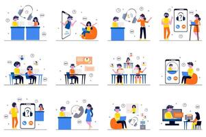Call center concept with tiny people scenes set in flat design. Bundle of men and women operators answer calls, consult customers online, tech support and solve problems. illustration for web vector
