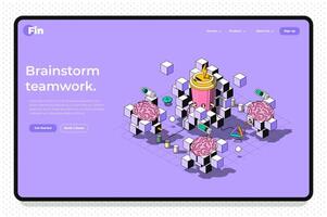 Teamwork concept 3d isometric outline landing page. Partnership and corporation, collaboration, brainstorming, leadership and development. web illustration with abstract line composition. vector