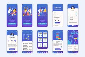 Medicine concept screens set for mobile app template. People get online doctor diagnostic consultation, buy medicines. UI, UX, GUI user interface kit for smartphone application layouts. design vector