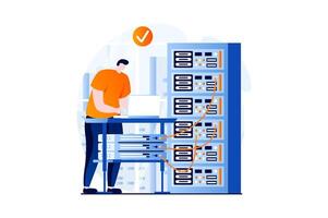 Server maintenance concept with people scene in flat cartoon design. Man working at laptop in server rack hardware room, monitoring and manages equipment. illustration visual story for web vector