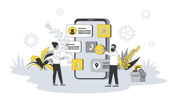 App development concept in flat design with people. Man and woman place buttons on mobile interface layout, create and settings applications. illustration with character scene for web banner vector