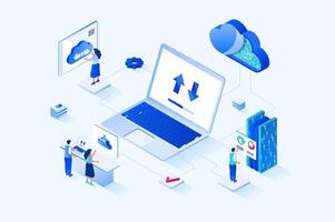 Cloud computing 3d isometric web design. People transfer data, share security access to online storage for other users, use hosting services or work with databases servers. web illustration vector