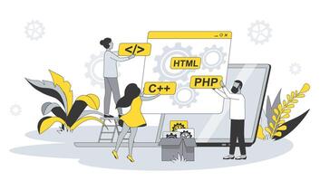 Developing team concept in flat design with people. Man and woman write and test code, programming on different languages, optimize programs. illustration with character scene for web banner vector