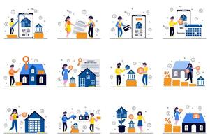 Mortgage concept with tiny people scenes set in flat design. Bundle of men and women receive bank loan to buy house or apartment, contracting, pay online every month. illustration for web vector