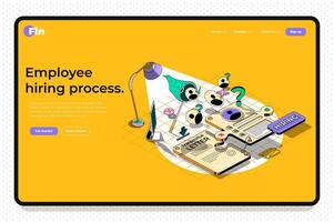 Hiring process concept 3d isometric outline landing page. Human resources, search for candidates for vacancies, selection of best resume. web illustration with abstract line composition. vector