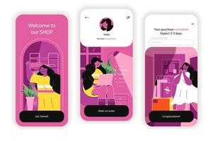 Shopping concept onboarding screens. Ordering of goods on store website, discount prices, payment in app. UI, UX, GUI user interface kit with flat people scene. illustration for web design vector