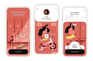 Fitness gym concept onboarding screens. Cardio training and exercises on simulators, healthy lifestyle. UI, UX, GUI user interface kit with flat people scene. illustration for web design vector