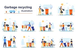Garbage recycling concept scenes seo with tiny people in flat design. Men and women collect and separate rubbish into bins, waste management. illustration visual stories collection for web vector