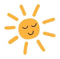 Cute smiling sun in flat design. Happy character face with sunbeams. illustration isolated. vector