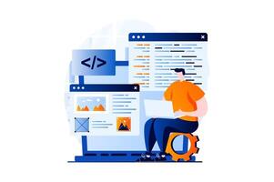 Web development concept with people scene in flat cartoon design. Man is programming computer languages, creating, testing and optimizing website at laptop. illustration visual story for web vector