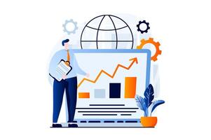 Global economic concept with people scene in flat cartoon design. Businessman analyzes statistics and develops business strategy with access to global market. illustration visual story for web vector