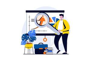 Global economic concept with people scene in flat cartoon design. Man with magnifier analyzes charts and graphs and studies global growth trend for investment. illustration visual story for web vector