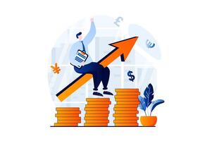 Global economic concept with people scene in flat cartoon design. Businessman invests in startups at global market and earns profit in international company. illustration visual story for web vector