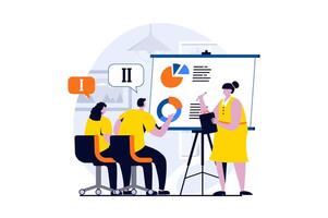 Finding solution concept with people scene in flat cartoon design. Woman shows presentation with data and discusses charts with colleagues at business meeting. illustration visual story for web vector