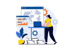 Global economic concept with people scene in flat cartoon design. Businesswoman successfully develops international business and develops investment strategy. illustration visual story for web vector