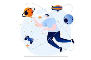 Metaverse concept with people scene in flat cartoon design. Man in VR headset interacts in virtual simulation with planets and explores cosmos in cyberspace. illustration visual story for web vector