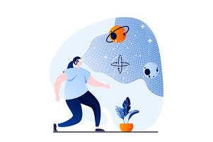 Metaverse concept with people scene in flat cartoon design. Woman in VR headset interacts in virtual simulation with space and explores planets in cyberspace. illustration visual story for web vector