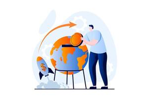 Global economic concept with people scene in flat cartoon design. Man invests money in international company and develops global business with high profits. illustration visual story for web vector